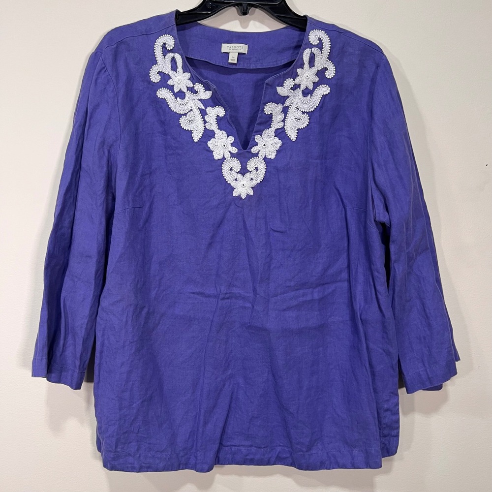 Talbots 100% Linen Blue Tunic Top Embroidered 3/4 Sleeve Lightweight Women LP